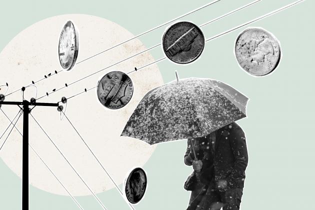 Elledningar och person under paraply. Illustration. 