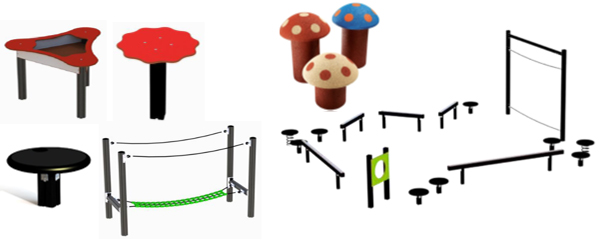 Lekredskap som ser ut som färgglada prickiga svampar, svarta svampar, små bord och olika saker att balansera på