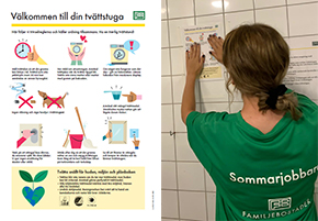 Affisch "Välkommen till din tvättstuga" med färgglada illustrationer och trivselregler, en sommarjobbare med grön t-shirt och texten "Sommarjobbare" på ryggen sätter upp en affisch på kaklad vägg. Grönt runt klistermärke som det står "Tack för att du tar bort ludd från filtret!" på.