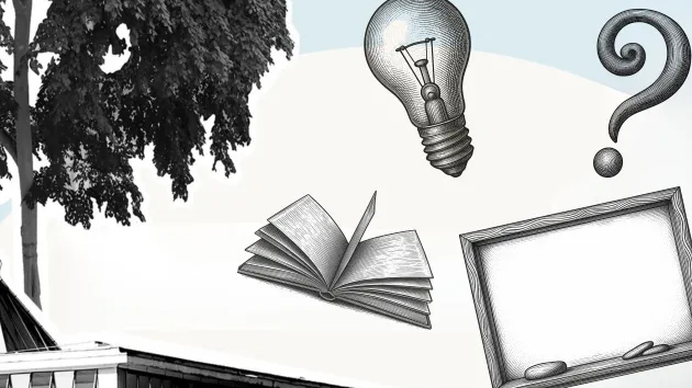 Illustration för pedagogisk konferens med collage av ett träd, en öppen bok, en glödlampa, ett frågetecken och en tom skrivtavla mot ljus bakgrund.