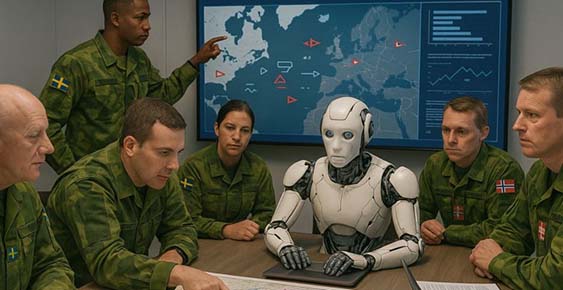 Bild skapad av Chat GPT med instruktionen: Gör en futuristisk bild som visar en militär stabsövning där deltagarna utforskar samverkan mellan människa och maskin inom gemensam operativ planering. Deltagarna bär svenska och norska fältuniformer.
