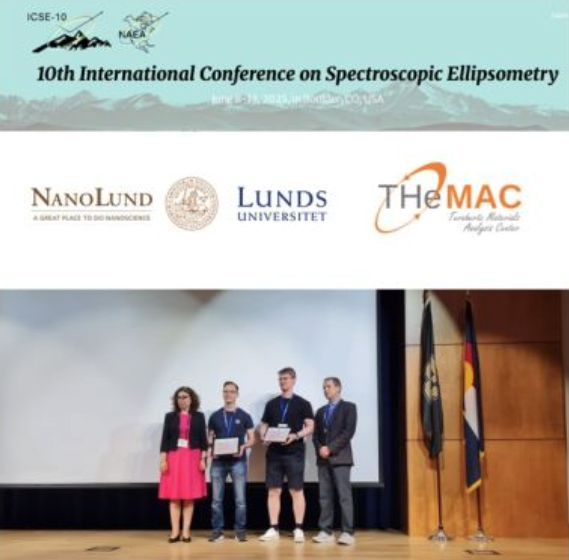 Photo of three people with diplomas and flowers.