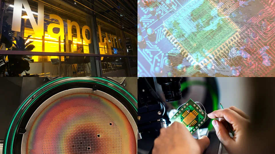 Photo collage of signs, hands, maps, electronic chips and tools.