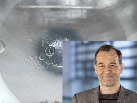 Collage with photo of a man and a close-up of an experiment..