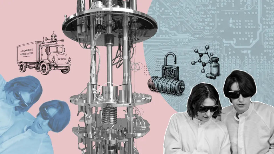 A machine, molecules. a truck and two people wearing goggles. Illustration.
