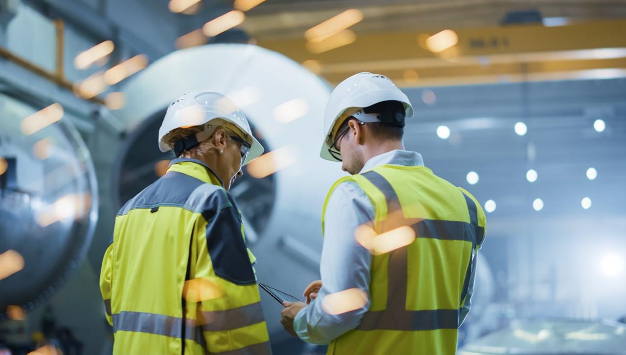 Two people in yellow reflective vests and helmets. Photo.