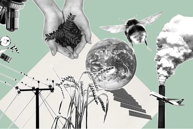 A chimney, a globe, hands with leaves. Illustration.