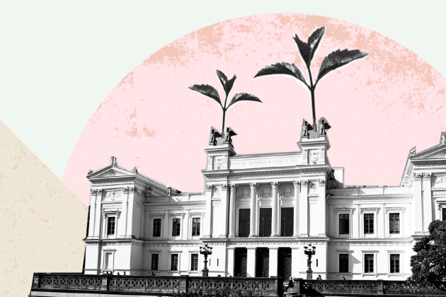 Illustration med universitetshuset och växande plantor.