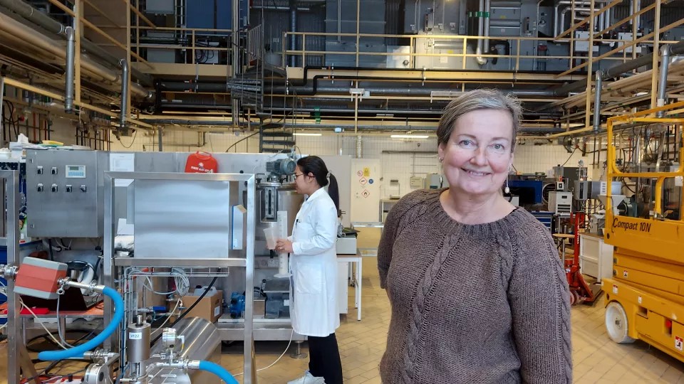 Eva Nordberg Karlsson i fabriksmiljö. Foto. 