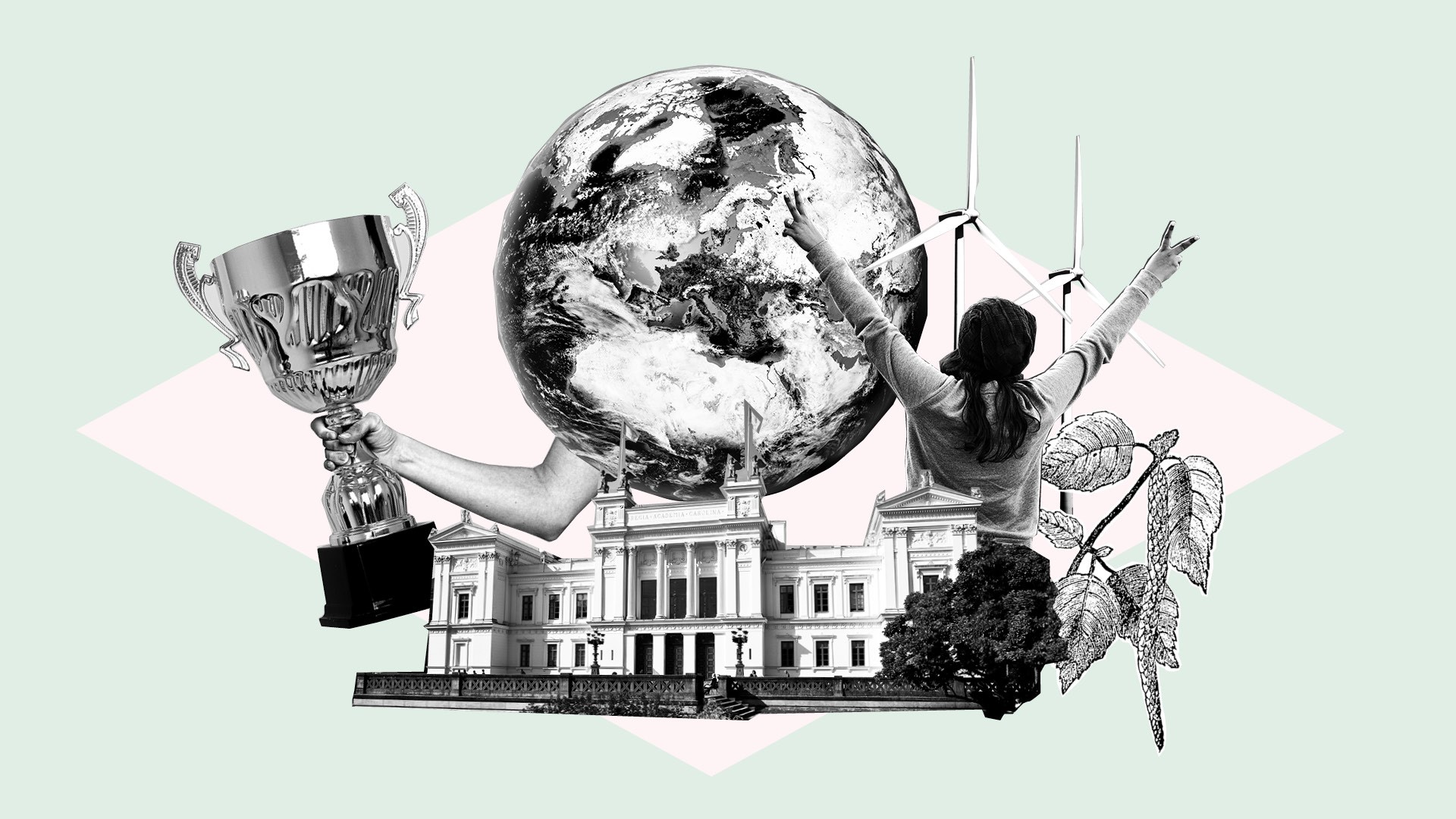 Elements of university building, globe, prize cup, windmill, winning person etc. Illustration.