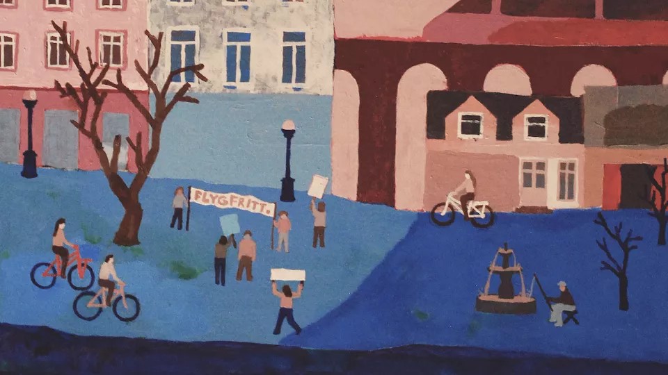 Illustration av människor som demonstrerar framför hus. Illustration: Markus Wendén.