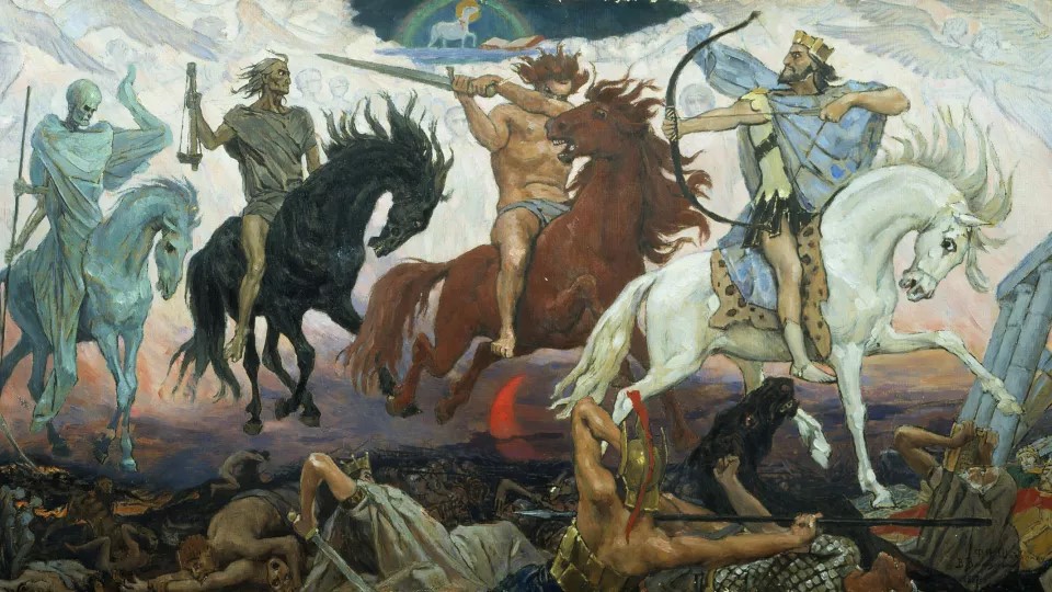 De fyra ryttarna från Uppenbarelseboken. Byline: Viktor Vasnetsov, Public domain, via Wikimedia Commons