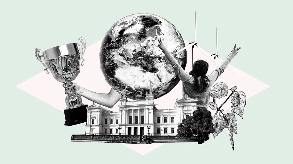 Universitetshuset, en jordglob, en pokal och en människa. Illustration: Catrin Jakobsson