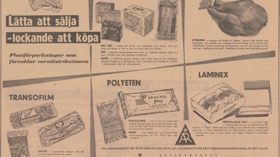 En tidningssida från 1953 med reklamtext om plast. Bild. 
