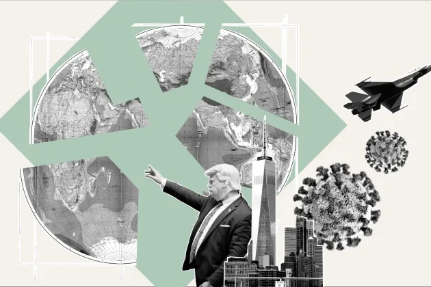 En jordglob i bitar, Donald Trump, Corona-virus, ett JAS-plan och en stadssiluett. Kollage. 