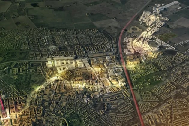 Illustrerad flygbild över nordöstra Lund. Illustration.