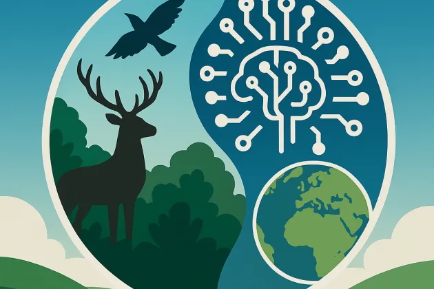 Siluette of a deer and a bird. A globe, trees. AI generated illustration.