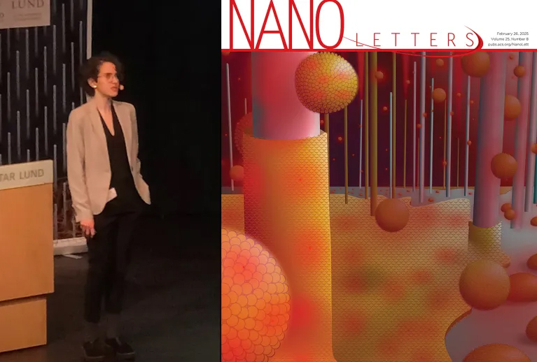 Photo of a woman giving a presentation, alongside the cover of a scientific publication..