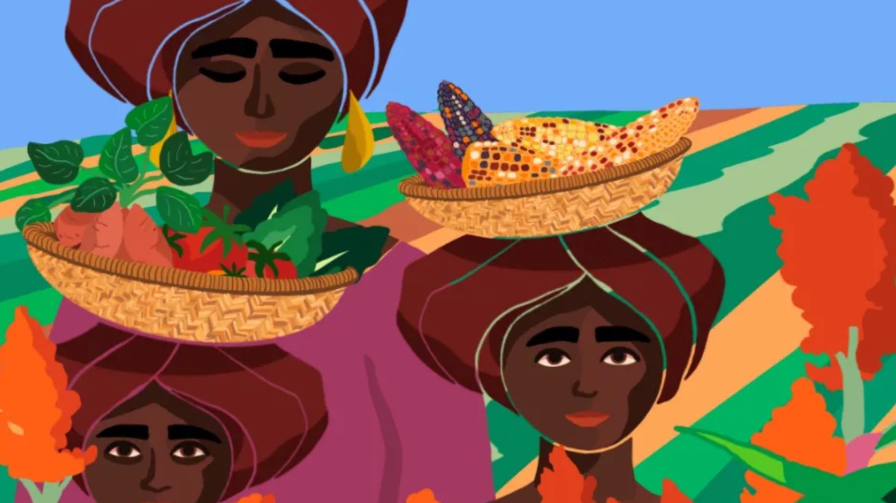 Painting of female farmers. 