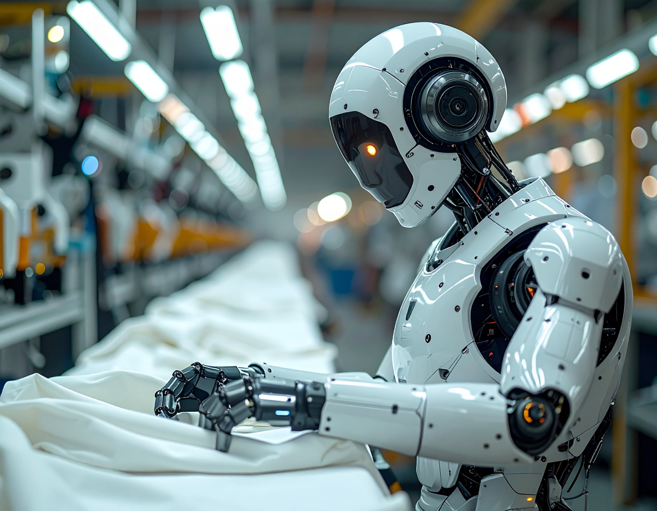 Humanoid robot i textilproduktion (OBS! AI-genererad)