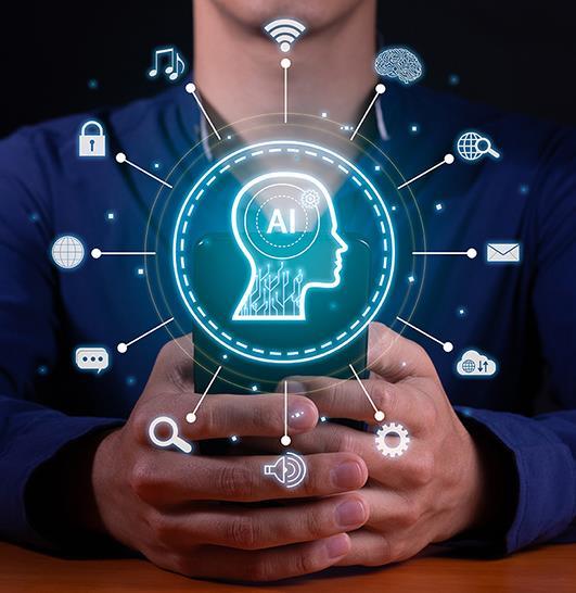 Illustration ovanpå foto av person med AI symbolik. Foto: Envato