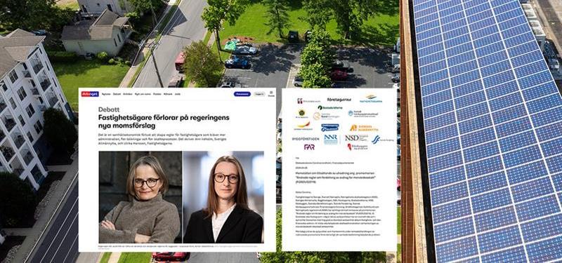 Bildkollage med flerbostadshus med solceller, mediaklipp samt brev till regeringen