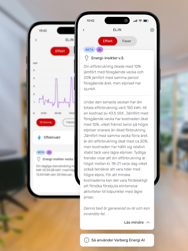 Skärmdump på en AI-finktion i en mobilapp som ger en lång text till användaren om elanvändningen de senaste dagarna.