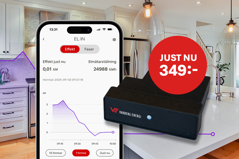 Montage av en skärmdump med diagram fråne mobil samt närbild på en svart realtidsmätare och ett kök i bakgrunden. Text just nu 349 kronor.