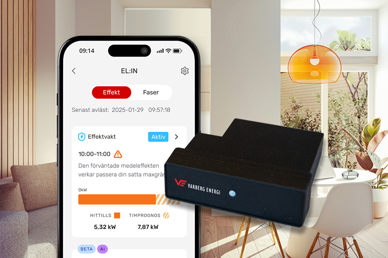 Montage av en skärmdump med diagram fråne mobil samt närbild på en svart realtidsmätare och ett kök i bakgrunden. Text just nu 349 kronor.
