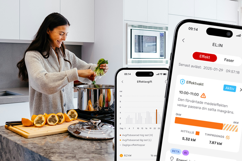 En kvinna står vid en köksö och lägger grönsaker i en kastrull på spisen.