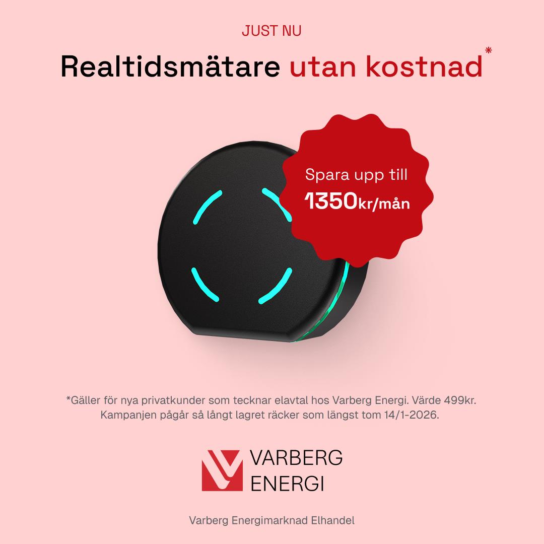 En svart rund realtidsmätare med rosa bakgrund och text enligt erbjudande