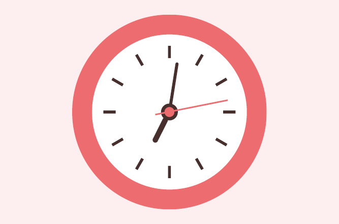 Illustration av en rosa klocka som står på 07.00 med ljus rosa bakgrund.