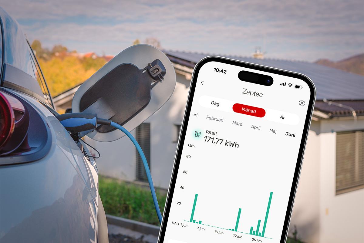 Montage med skärmdump av mobil med diagram och en elbil som laddas i bakgrunden framför solceller
