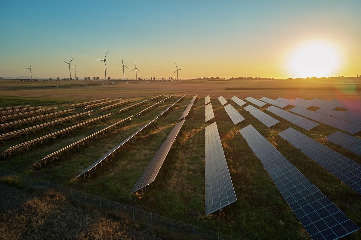 Landskapsbild i solnedgång med flera vindkraftverk i horisonten och en solcellspark i förgrunden.