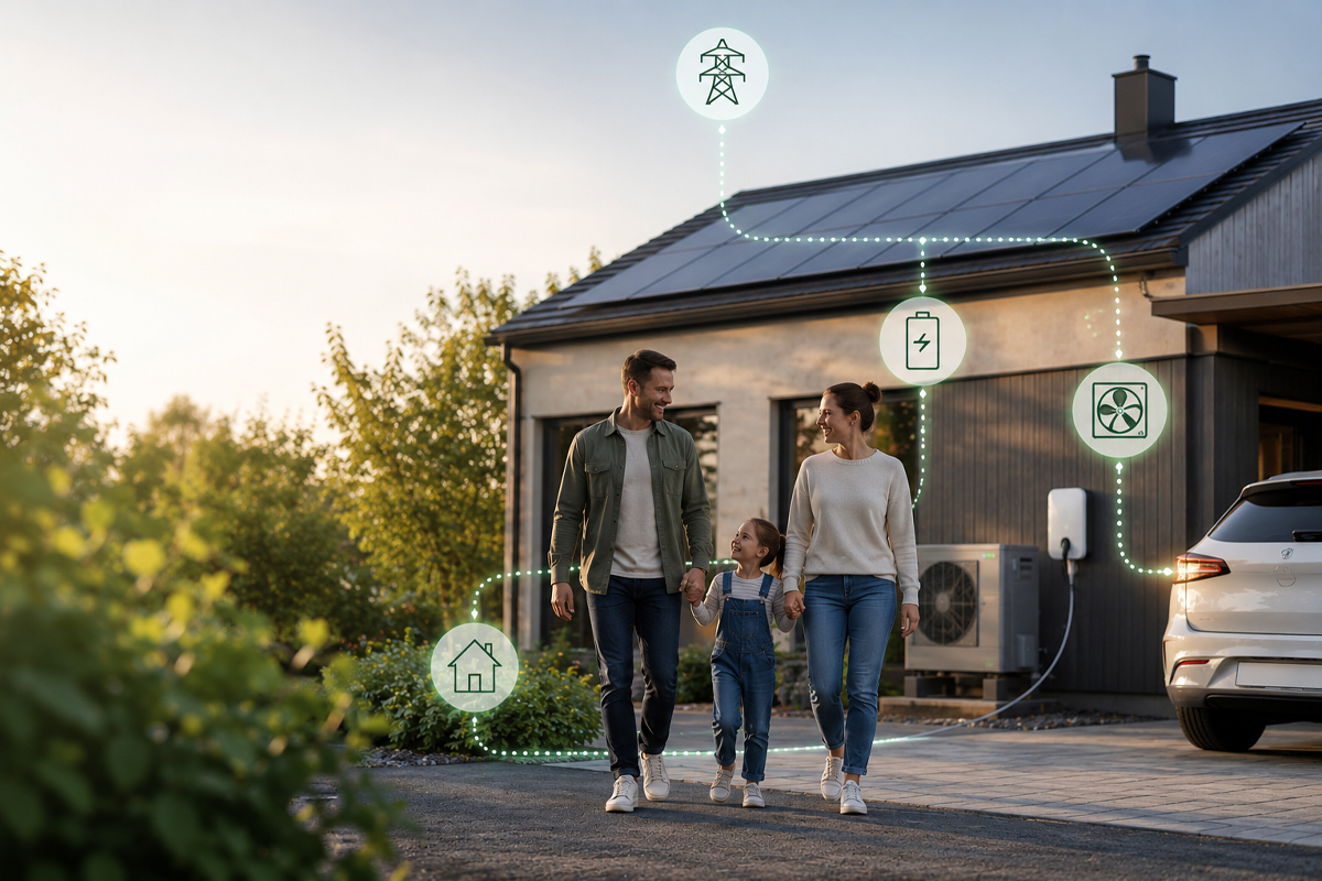Familj på tre personer går hand i hand framför sitt hus med bil samt monterade illustrationer med ett energisystem i grönt.
