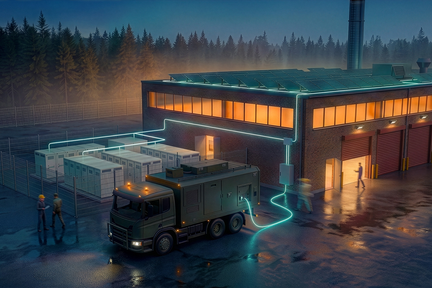 Illustration med lastbil som på kvällen laddas från ett batteri på en fabriksvägg.