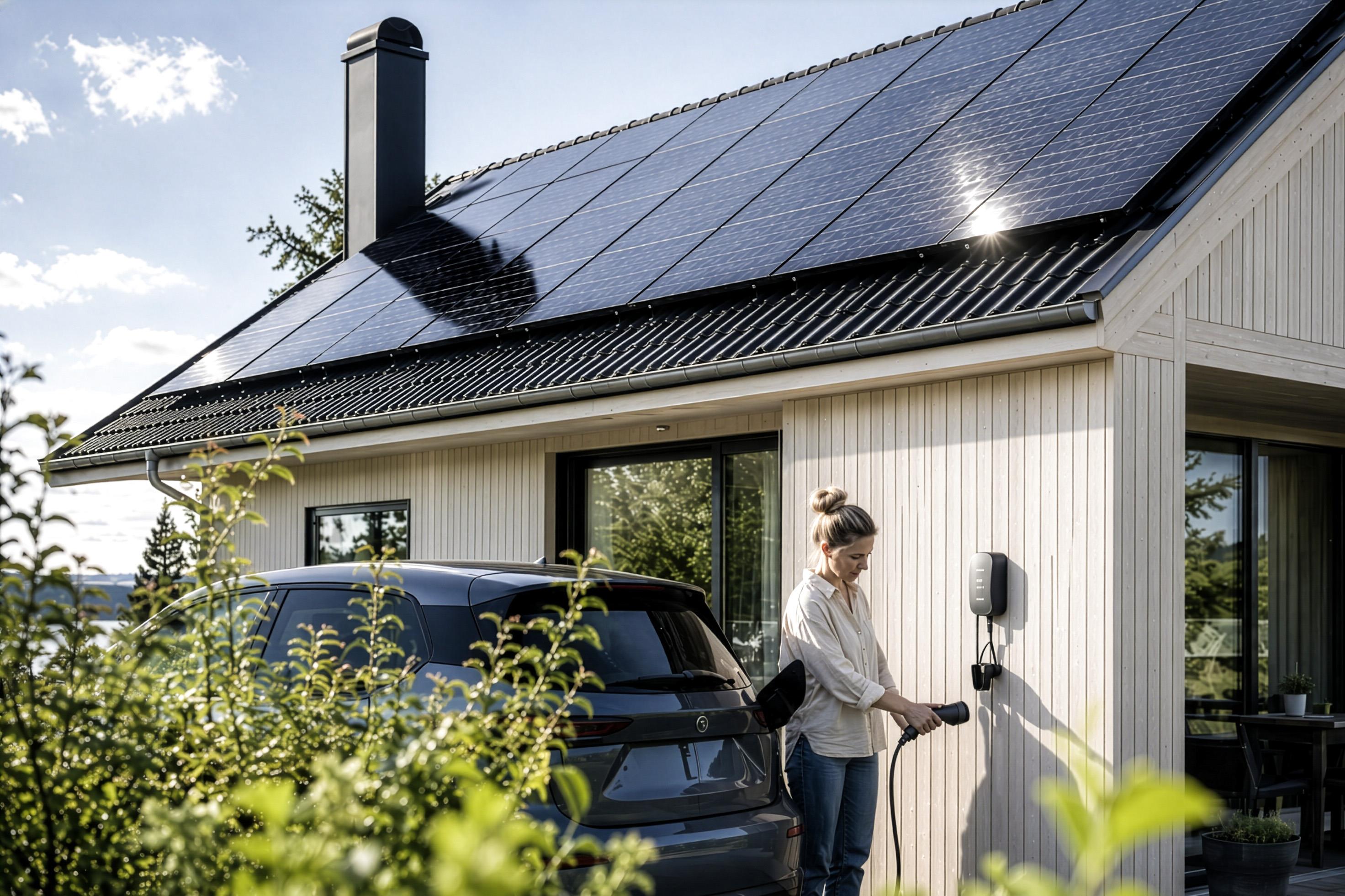 Kvinna laddar elbilen vid ett vitt trähus med solceller på taket.