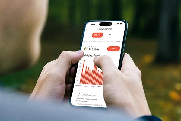 Mobil som hålls av en kvinnohand och visar staplar kring solcellsproduktion med mat på matbord som bakgrund