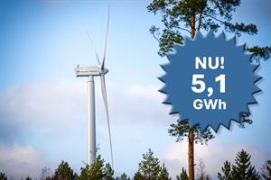 Vindkraftverk över grantopparna och med blå himmel bakom